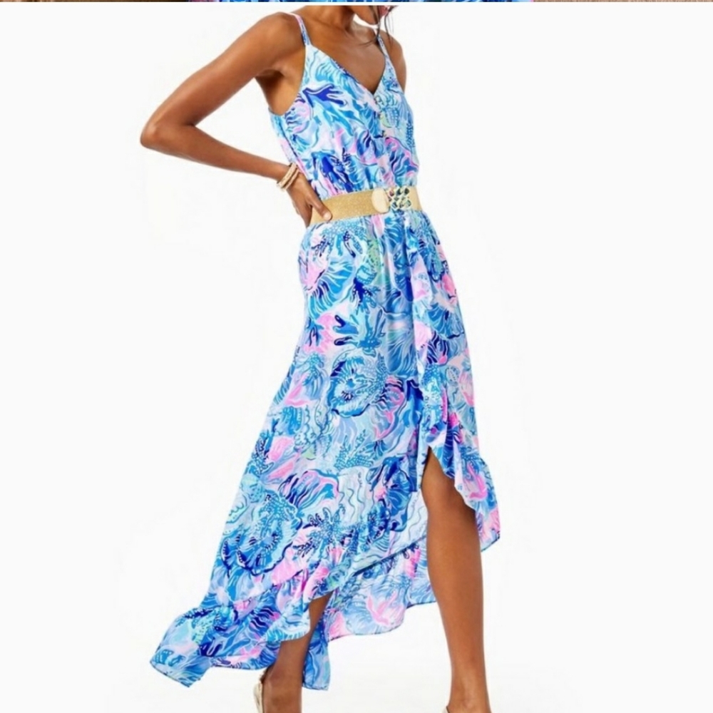 NWOT Pulitzer Resort Mareena Maxi Dress Saltwater Blue Shade Seekers XL - Picture 1 of 11